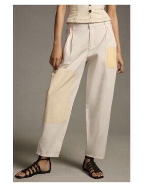 Anthropologie Pilcro 26 beige Women's Utility Patchwork chino barrel leg boho
